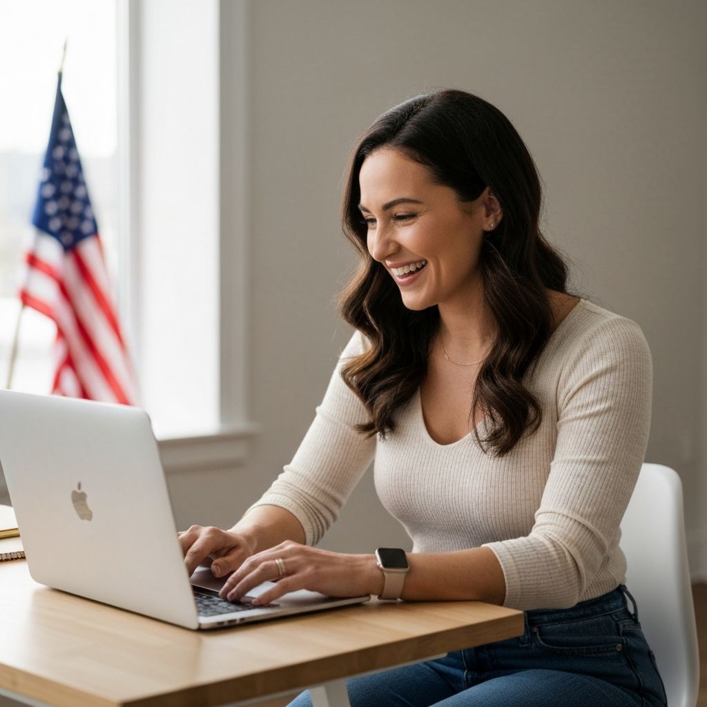 Happy woman working on laptop with American flag in background